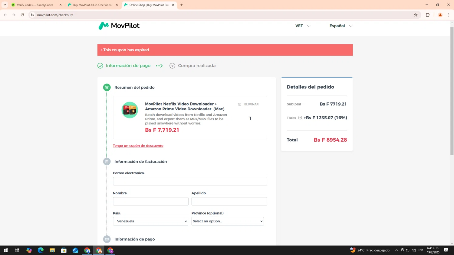 MovPilot coupon code screenshot showing code BF20F applied at MovPilot checkout page. Uploaded by SimplyCodes community member RoyalLegend4835 on Feb 19, 2025