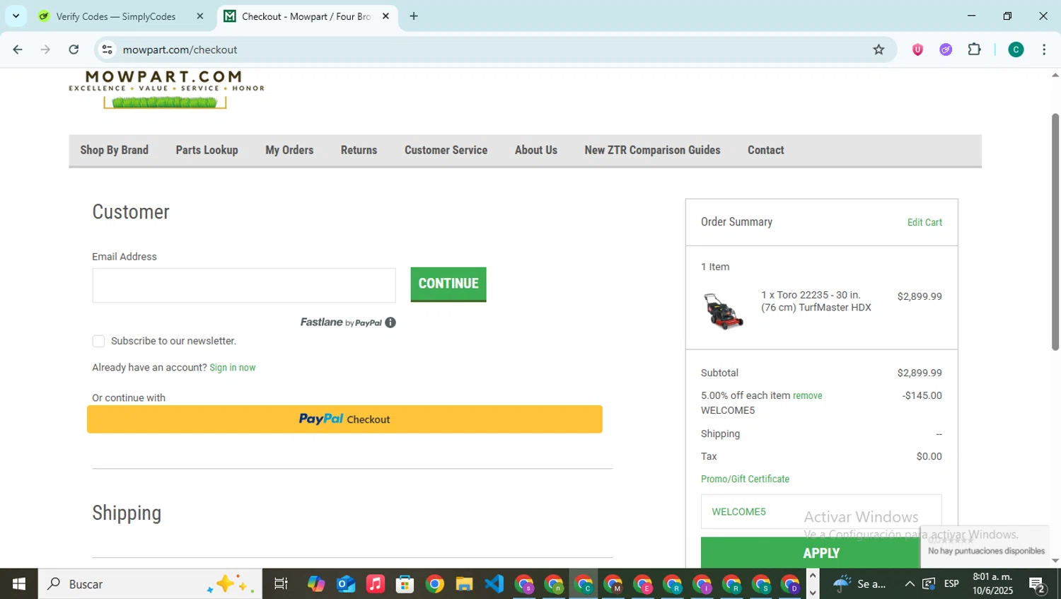 Mowpart coupon code screenshot showing code WELCOME5 applied at Mowpart checkout page. Uploaded by SimplyCodes community member BonusPilot927 on Jun 10, 2025