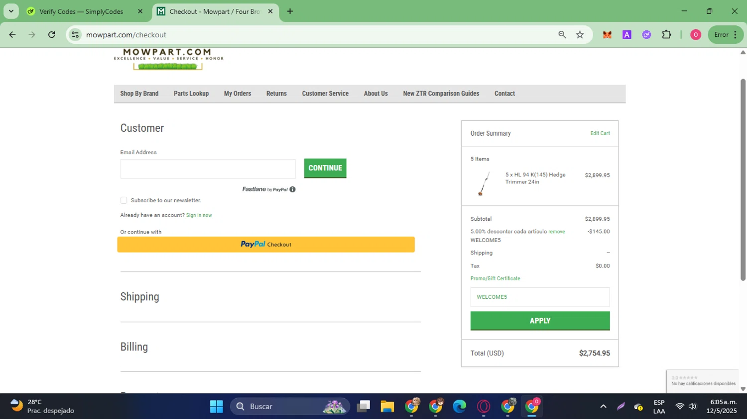Mowpart coupon code screenshot showing code WELCOME5 applied at Mowpart checkout page. Uploaded by SimplyCodes community member SilverVirtuoso7221 on May 12, 2025