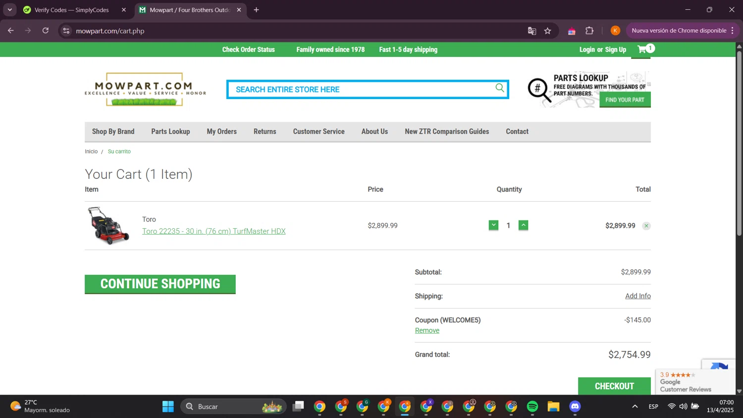 Mowpart coupon code screenshot showing code WELCOME5 applied at Mowpart checkout page. Uploaded by SimplyCodes community member davidsalazar on Apr 13, 2025