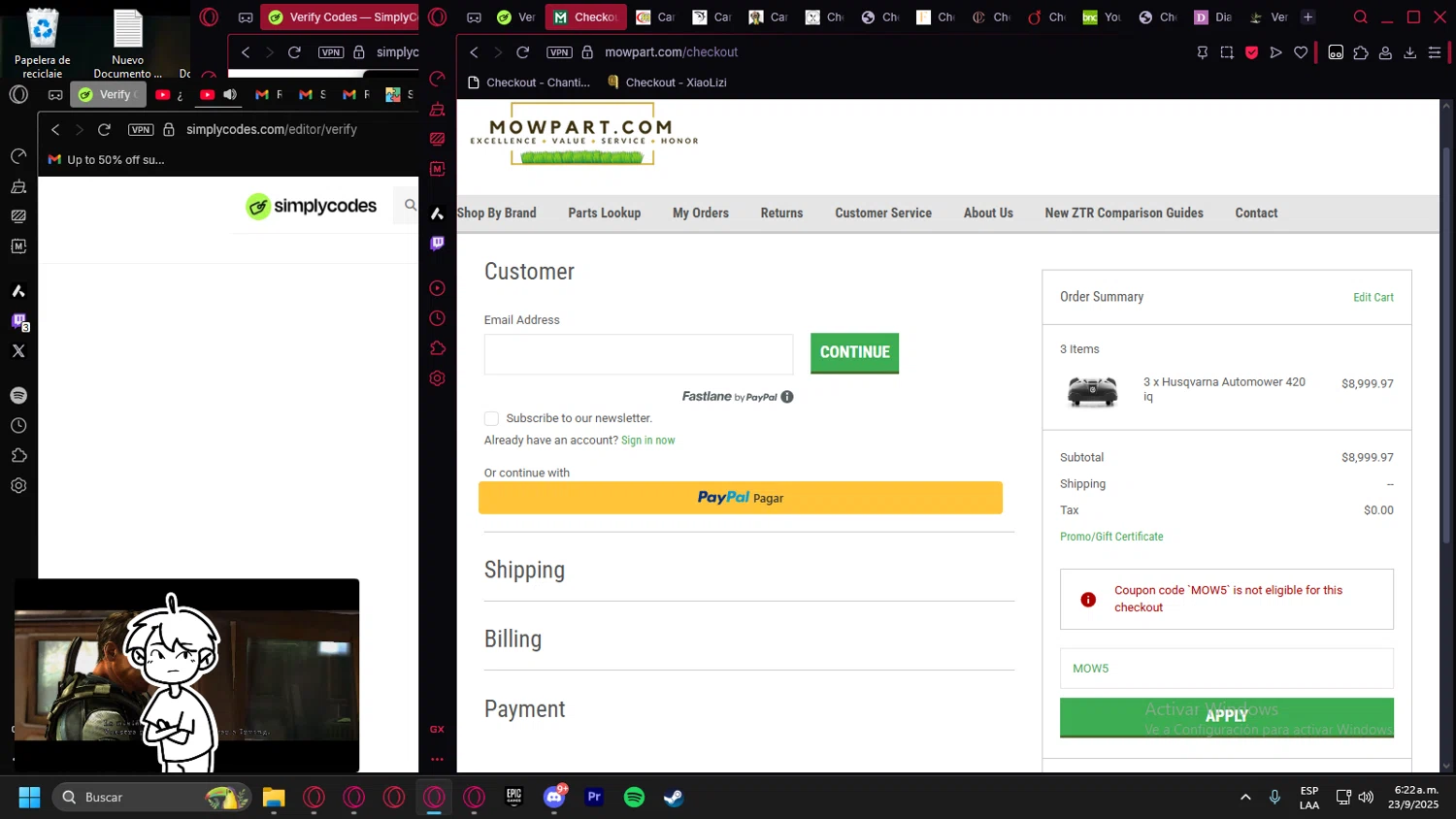 Mowpart coupon code screenshot showing code MOW5 applied at Mowpart checkout page. Uploaded by SimplyCodes community member Halanweik on Sep 23, 2025