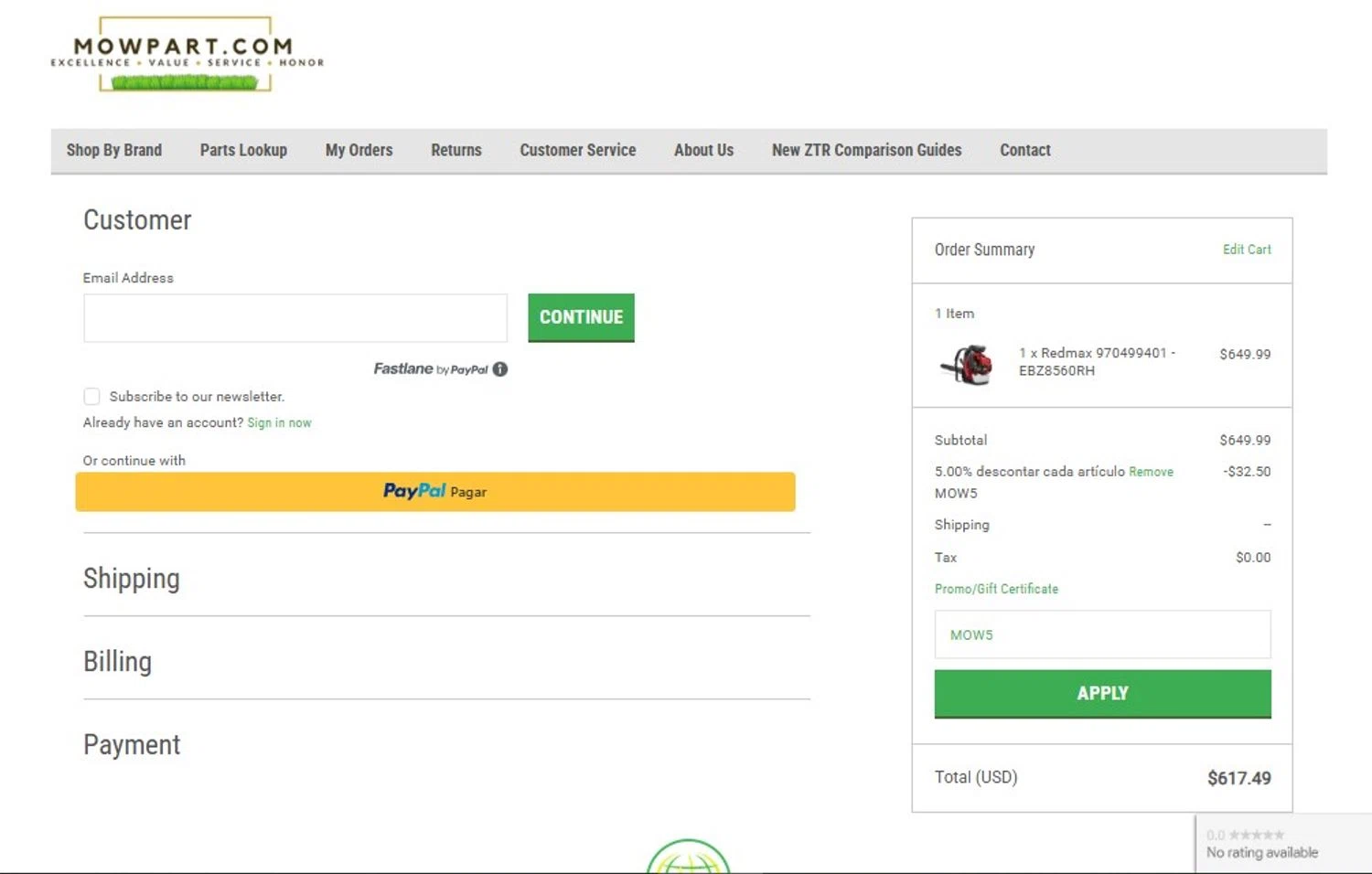 Mowpart checkout page showing Mowpart coupon code box | Screenshot taken by SimplyCodes community member on Aug 7, 2025