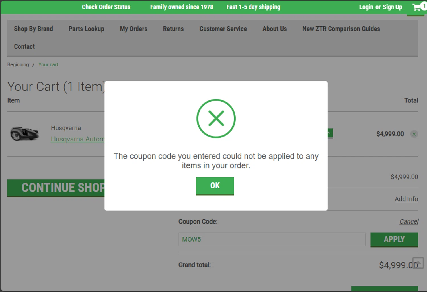 Mowpart coupon code screenshot showing code MOW5 applied at Mowpart checkout page. Uploaded by SimplyCodes community member jupitera on Sep 23, 2025