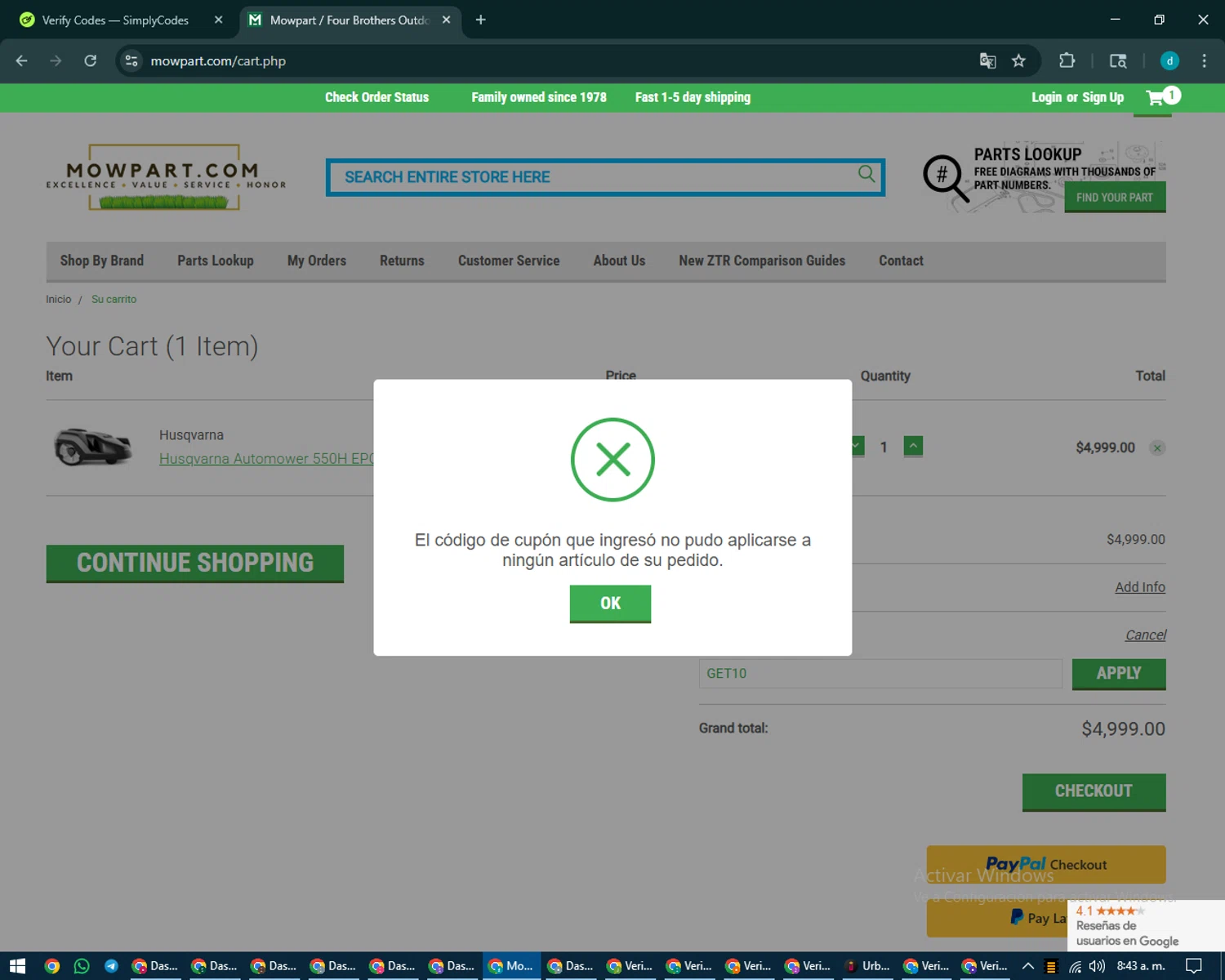 Mowpart coupon code screenshot showing code GET10 applied at Mowpart checkout page. Uploaded by SimplyCodes community member CodeMaverick5767 on Aug 25, 2025