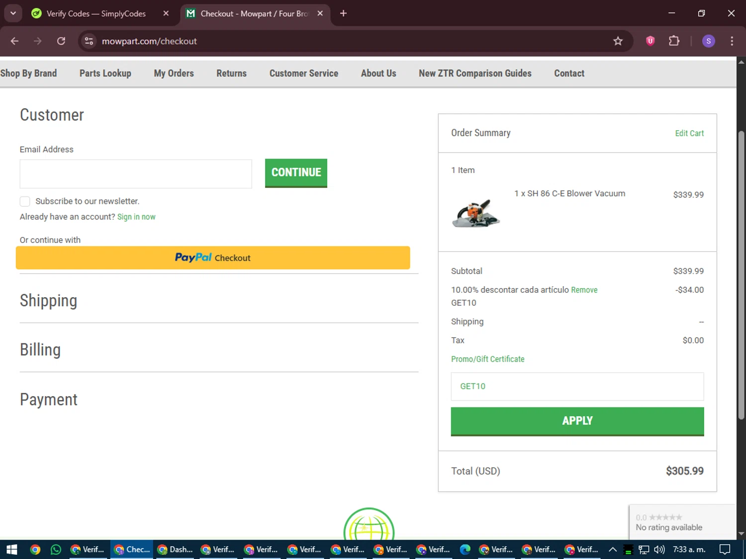Mowpart coupon code screenshot showing code GET10 applied at Mowpart checkout page. Uploaded by SimplyCodes community member LuckyVoyager688 on Jun 28, 2025
