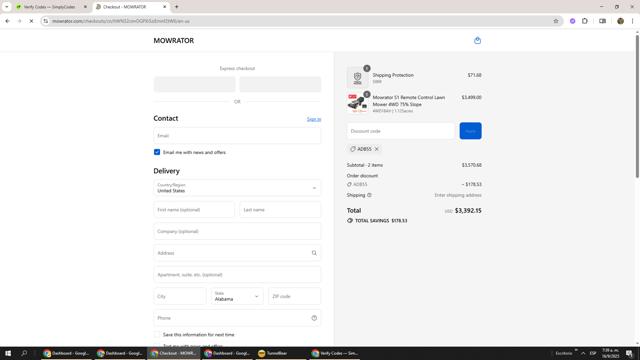 Mowrator checkout page showing Mowrator discount code box | Screenshot taken by SimplyCodes community member on Sep 16, 2025