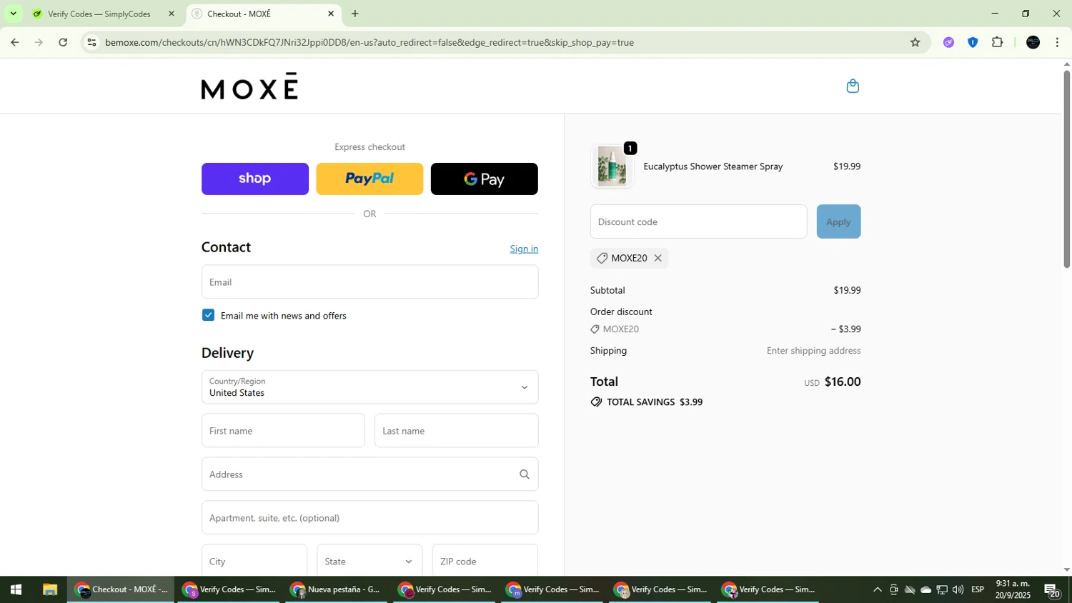 Moxe promo code screenshot showing code MOXE20 applied at Moxe checkout page. Uploaded by SimplyCodes community member CarmenVGR on Sep 20, 2025