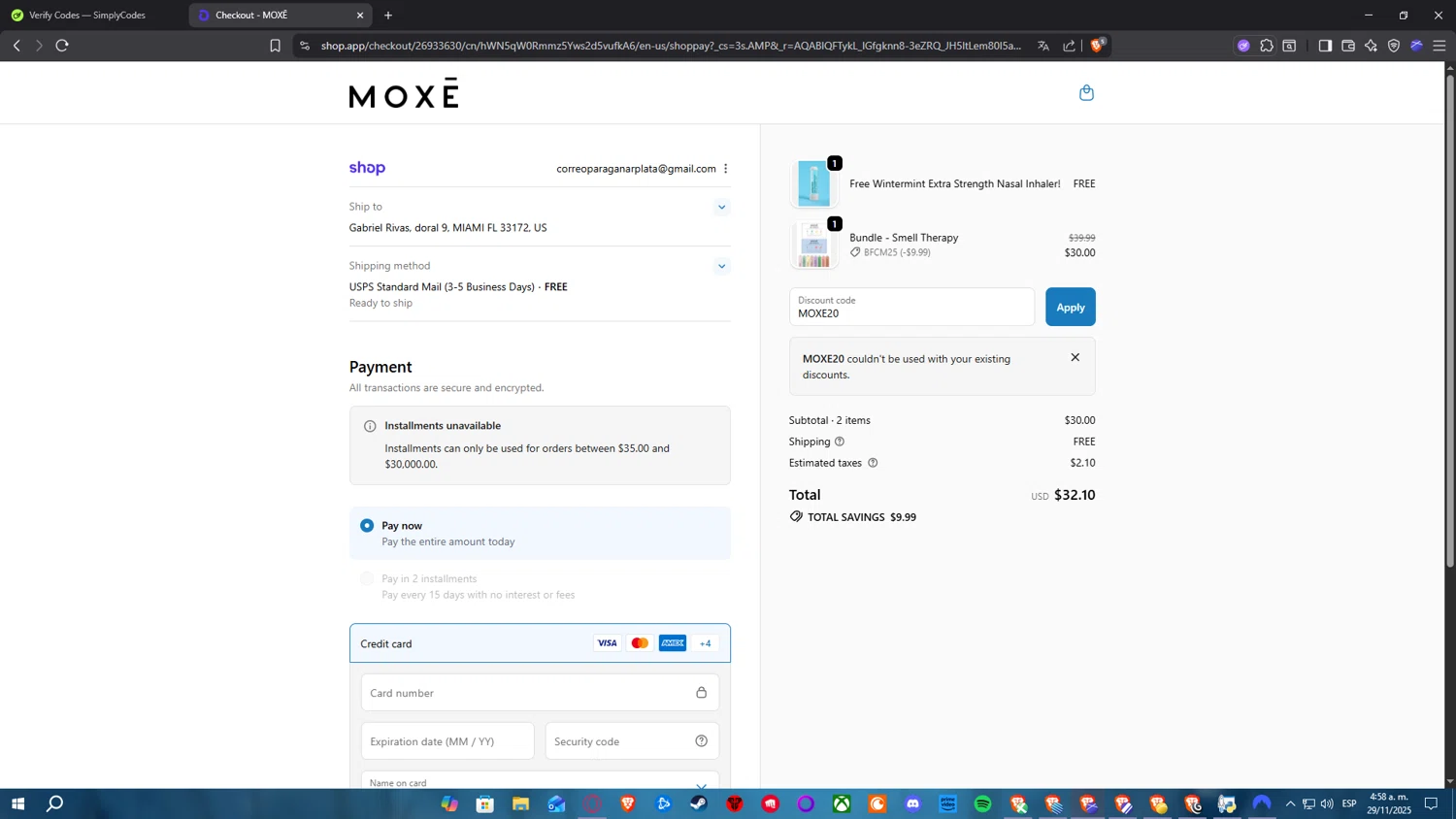 Moxe promo code screenshot showing code MOXE20 applied at Moxe checkout page. Uploaded by SimplyCodes community member Nekiro on Nov 29, 2025