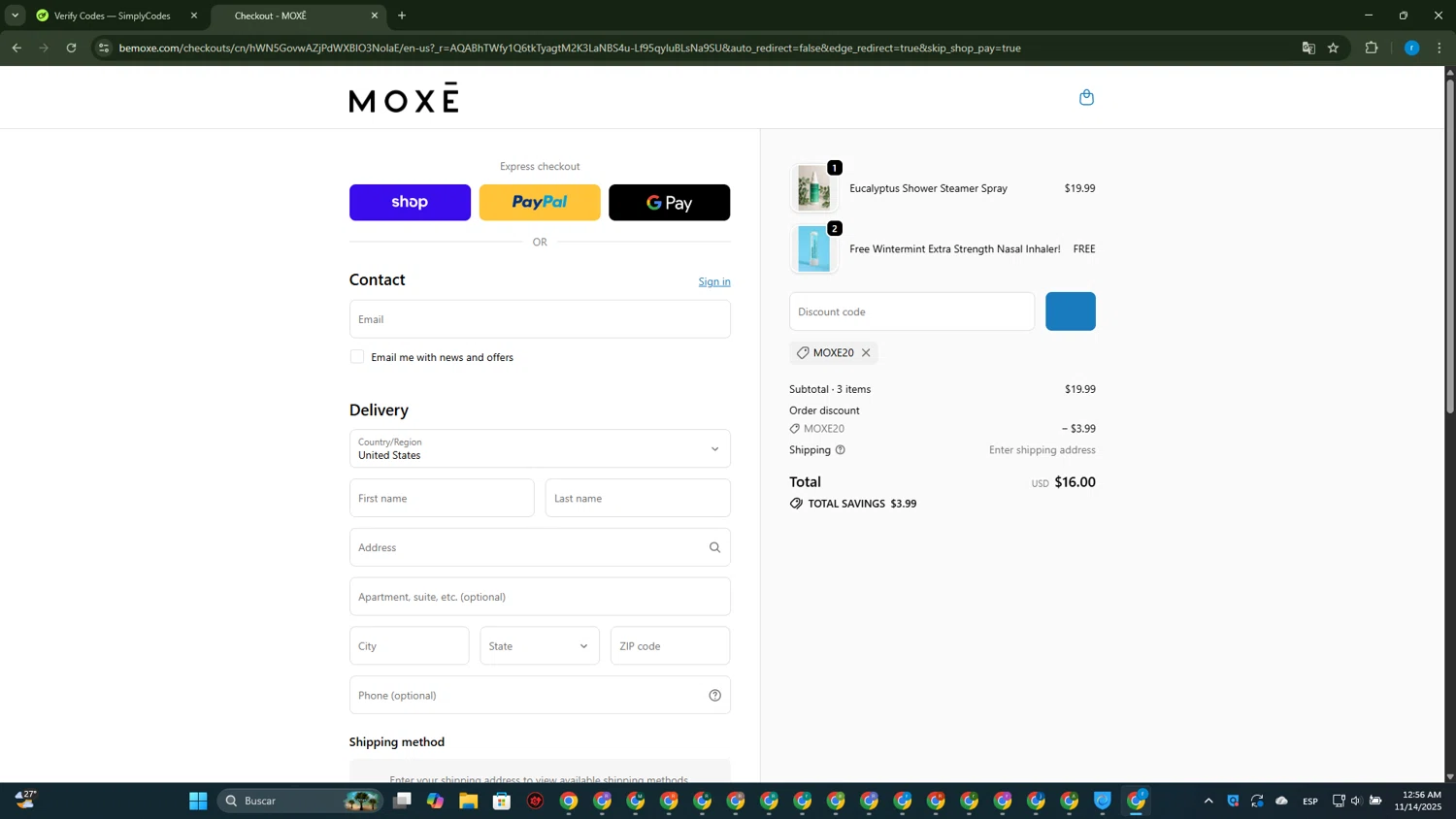Moxe promo code screenshot showing code MOXE20 applied at Moxe checkout page. Uploaded by SimplyCodes community member RewardVoyager146 on Nov 14, 2025
