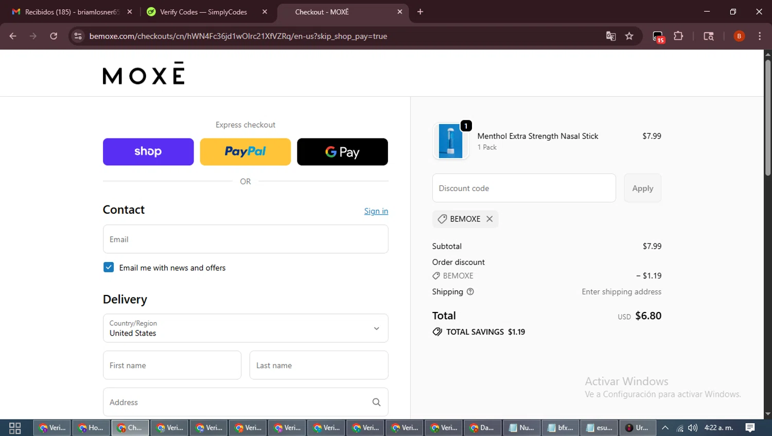 Moxe promo code screenshot showing code BEMOXE applied at Moxe checkout page. Uploaded by SimplyCodes community member DiscountExpert6435 on Oct 18, 2025