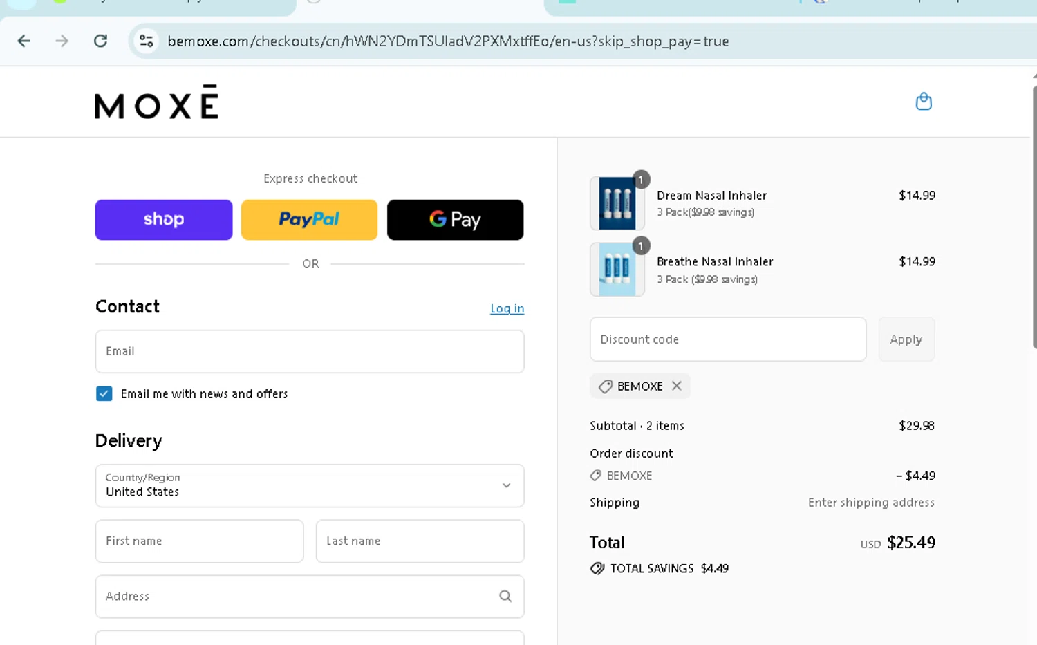 Moxe promo code screenshot showing code BEMOXE applied at Moxe checkout page. Uploaded by SimplyCodes community member TokenMonarch796 on Sep 3, 2025