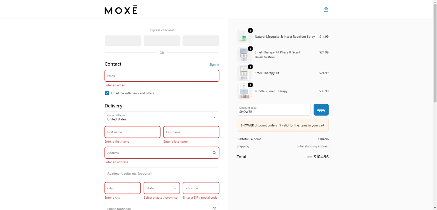 Moxe promo code screenshot showing code SHOWER applied at Moxe checkout page. Uploaded by SimplyCodes community member NobleMaestro6498 on Sep 20, 2025