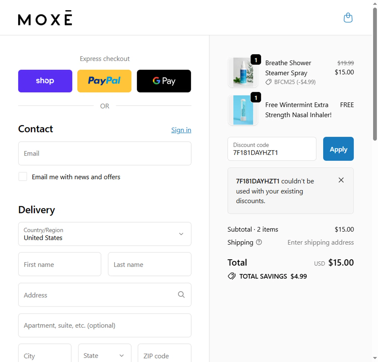Moxe promo code screenshot showing code 7F181DAYHZT1 applied at Moxe checkout page. Uploaded by SimplyCodes community member Alejandra10 on Nov 29, 2025