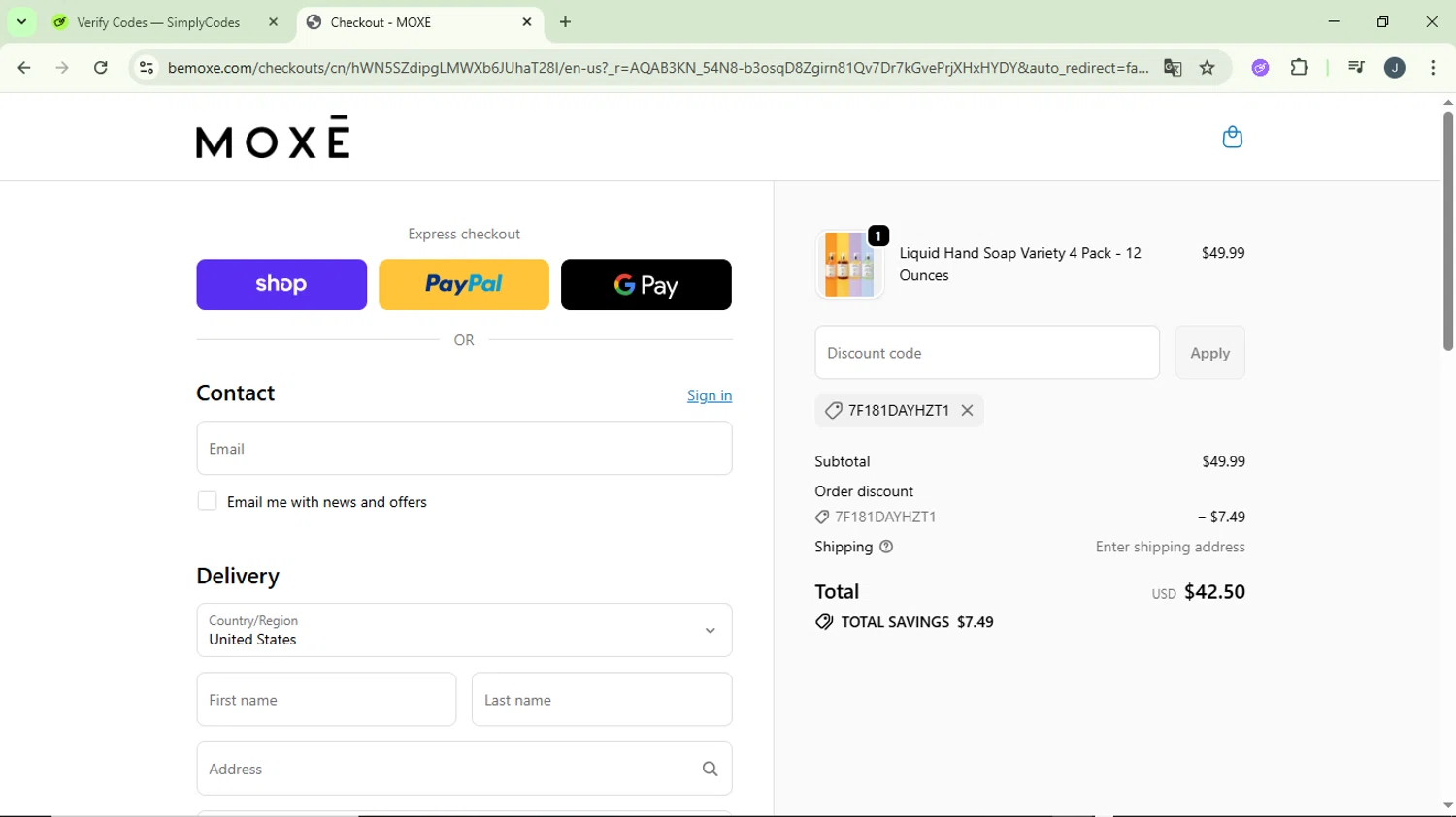 Moxe promo code screenshot showing code 7F181DAYHZT1 applied at Moxe checkout page. Uploaded by SimplyCodes community member GloriousCollector9930 on Nov 19, 2025
