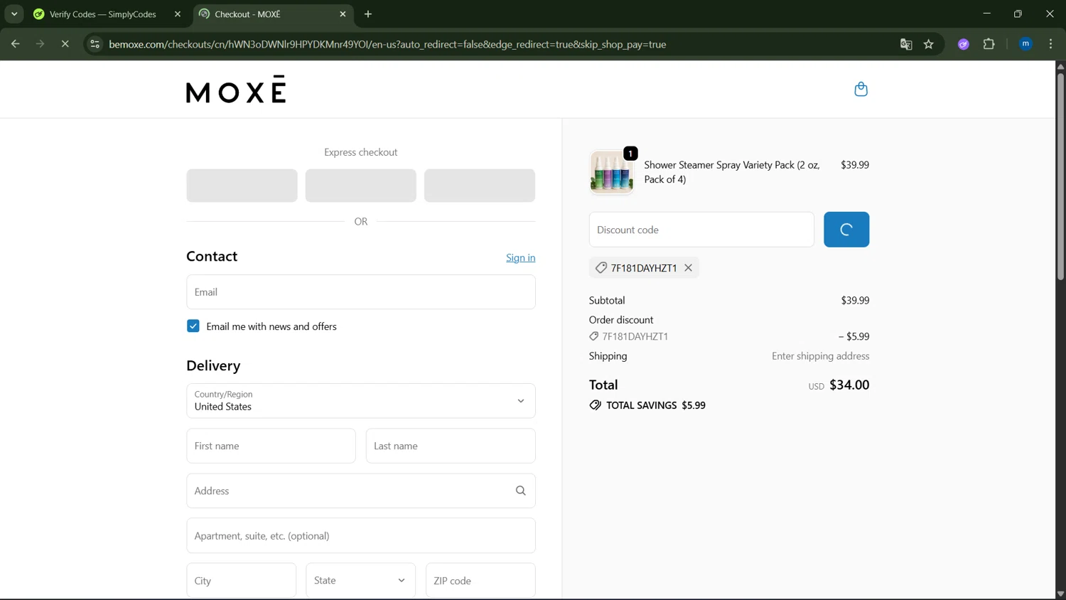 Moxe promo code screenshot showing code 7F181DAYHZT1 applied at Moxe checkout page. Uploaded by SimplyCodes community member GloriousSpotter8024 on Oct 6, 2025