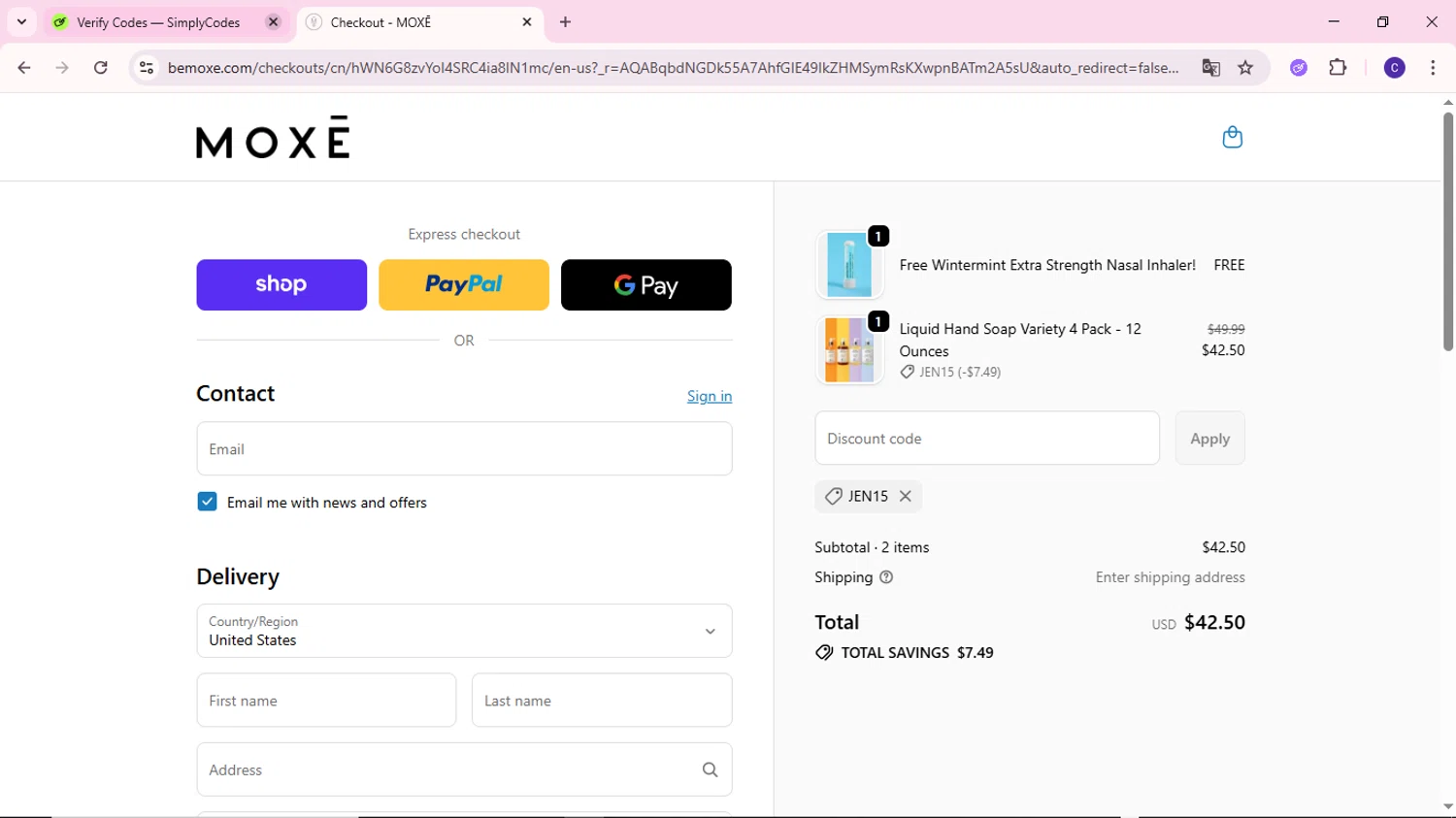 Moxe promo code screenshot showing code JEN15 applied at Moxe checkout page. Uploaded by SimplyCodes community member MoneyWizard2699 on Dec 10, 2025