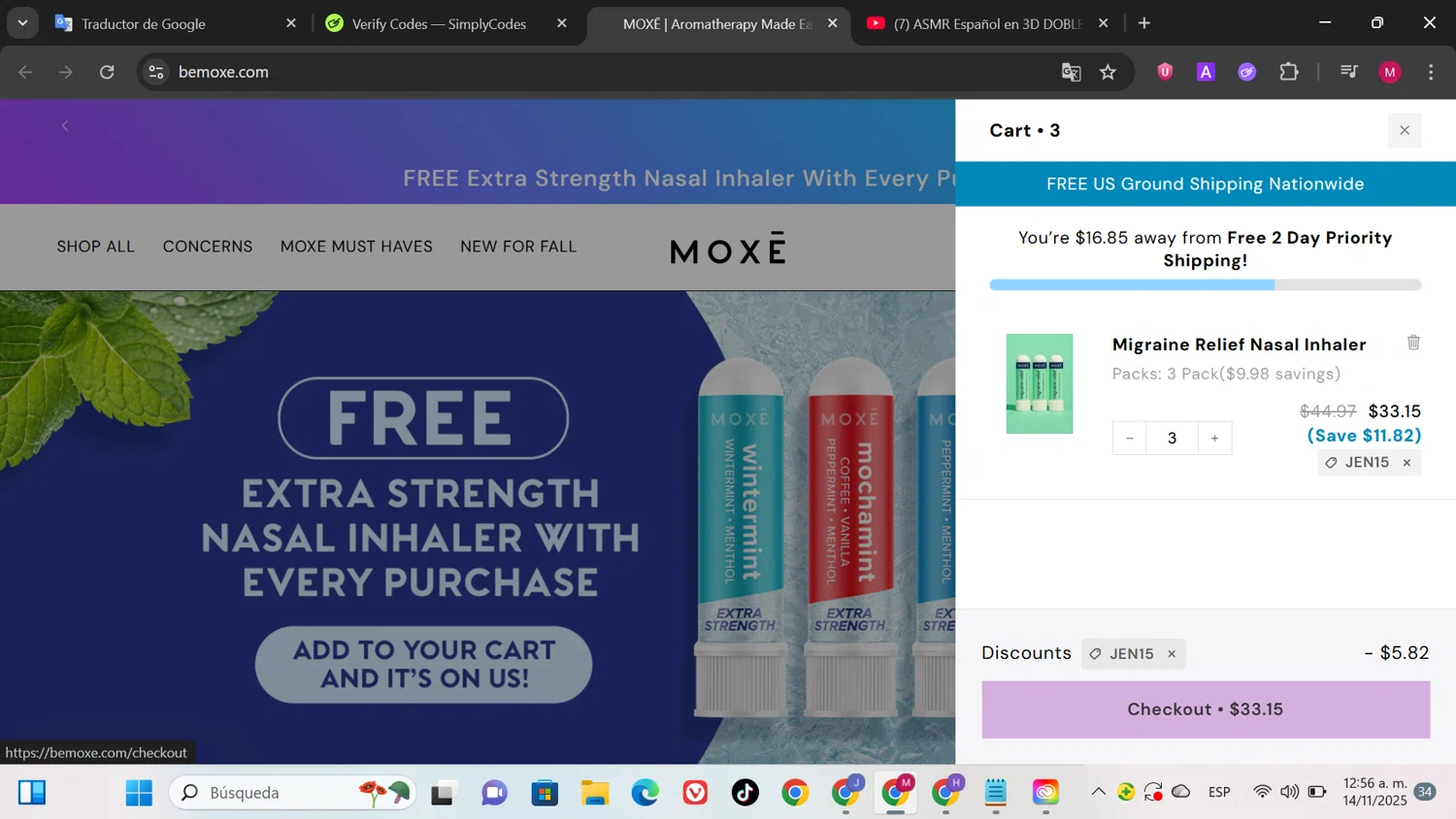 Moxe promo code screenshot showing code JEN15 applied at Moxe checkout page. Uploaded by SimplyCodes community member SwiftPioneer1769 on Nov 14, 2025