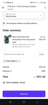 Welcome10 coupon verification screenshot