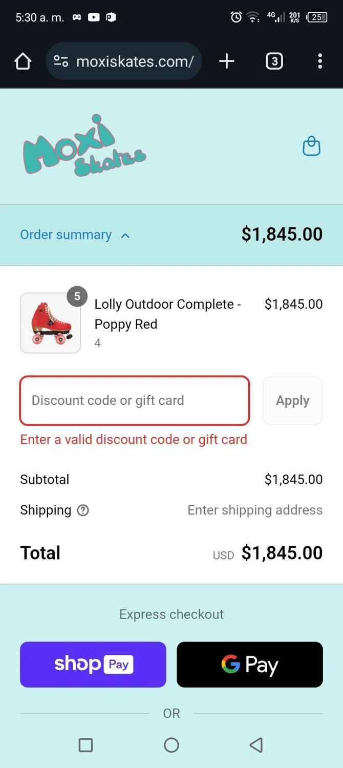Moxi Roller Skates promo code screenshot showing code taybaeshirley applied at Moxi Roller Skates checkout page. Uploaded by SimplyCodes community member CARLOSSLIM on May 6, 2025