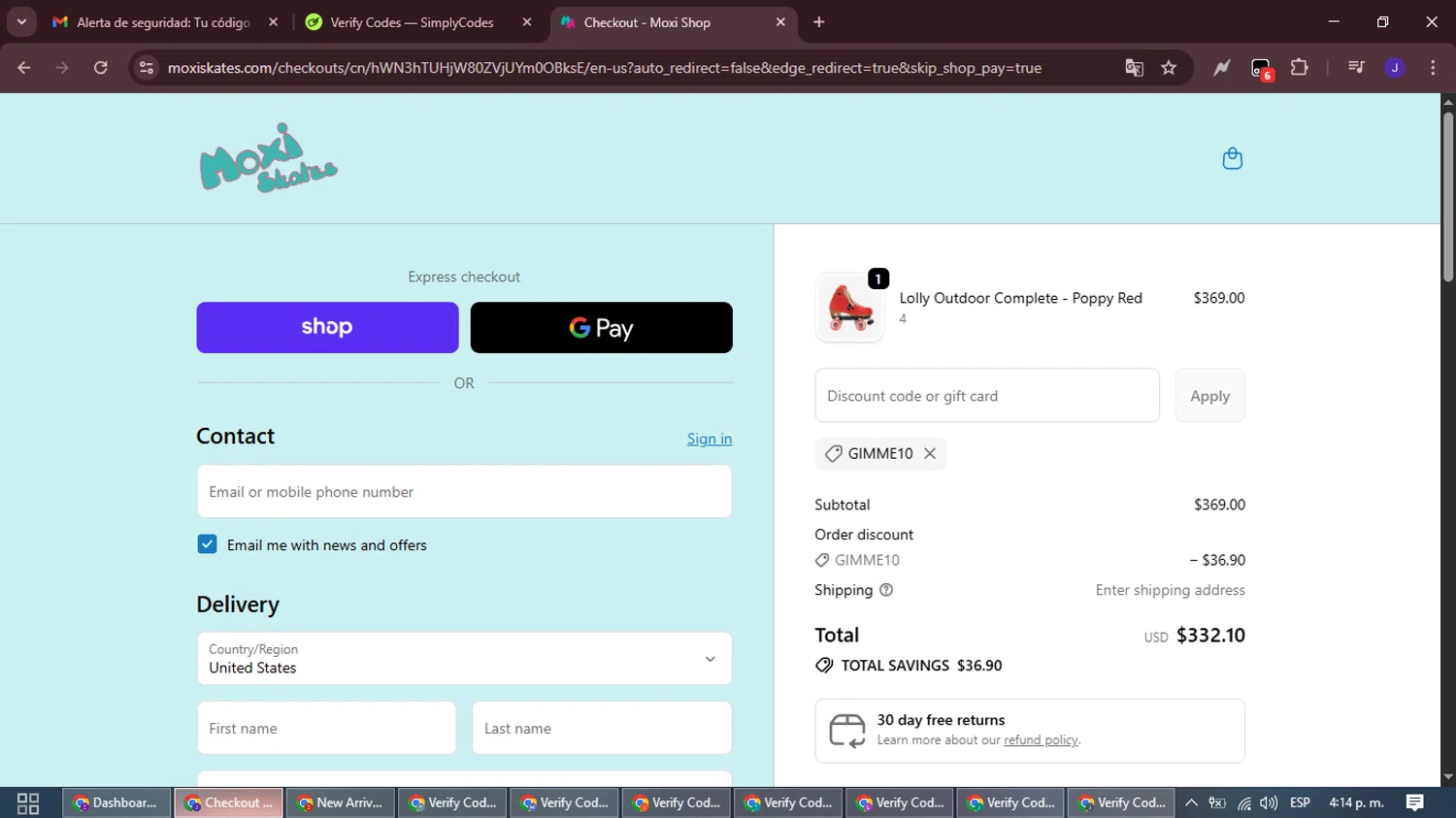 Moxi Roller Skates promo code screenshot showing code GIMME10 applied at Moxi Roller Skates checkout page. Uploaded by SimplyCodes community member LegendaryLegend9872 on Oct 3, 2025