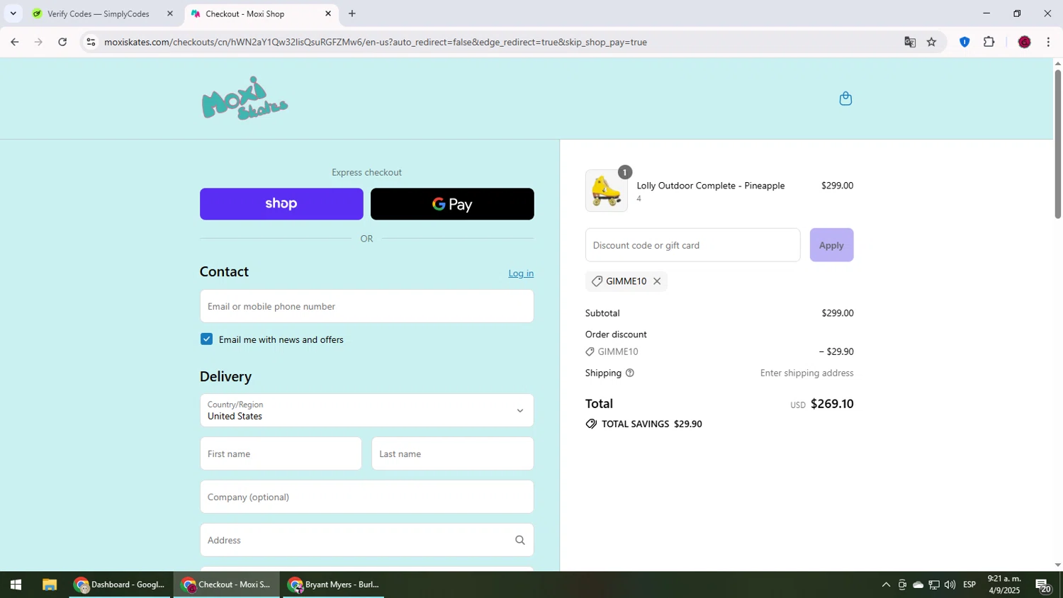 Moxi Roller Skates promo code screenshot showing code GIMME10 applied at Moxi Roller Skates checkout page. Uploaded by SimplyCodes community member MightyLegend6657 on Sep 4, 2025