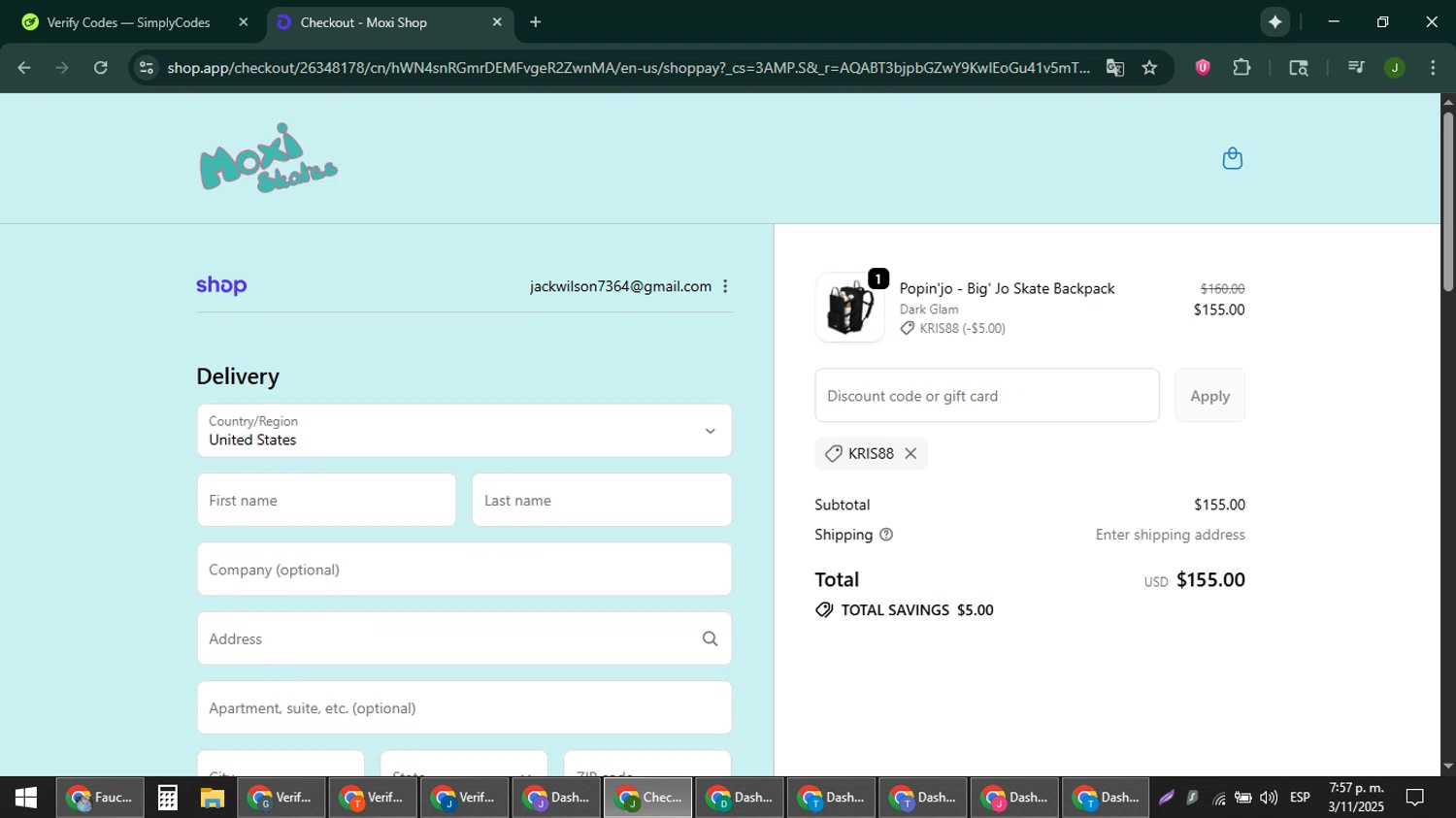 Moxi Roller Skates promo code screenshot showing code KRIS88 applied at Moxi Roller Skates checkout page. Uploaded by SimplyCodes community member ShieldFinder369 on Nov 3, 2025