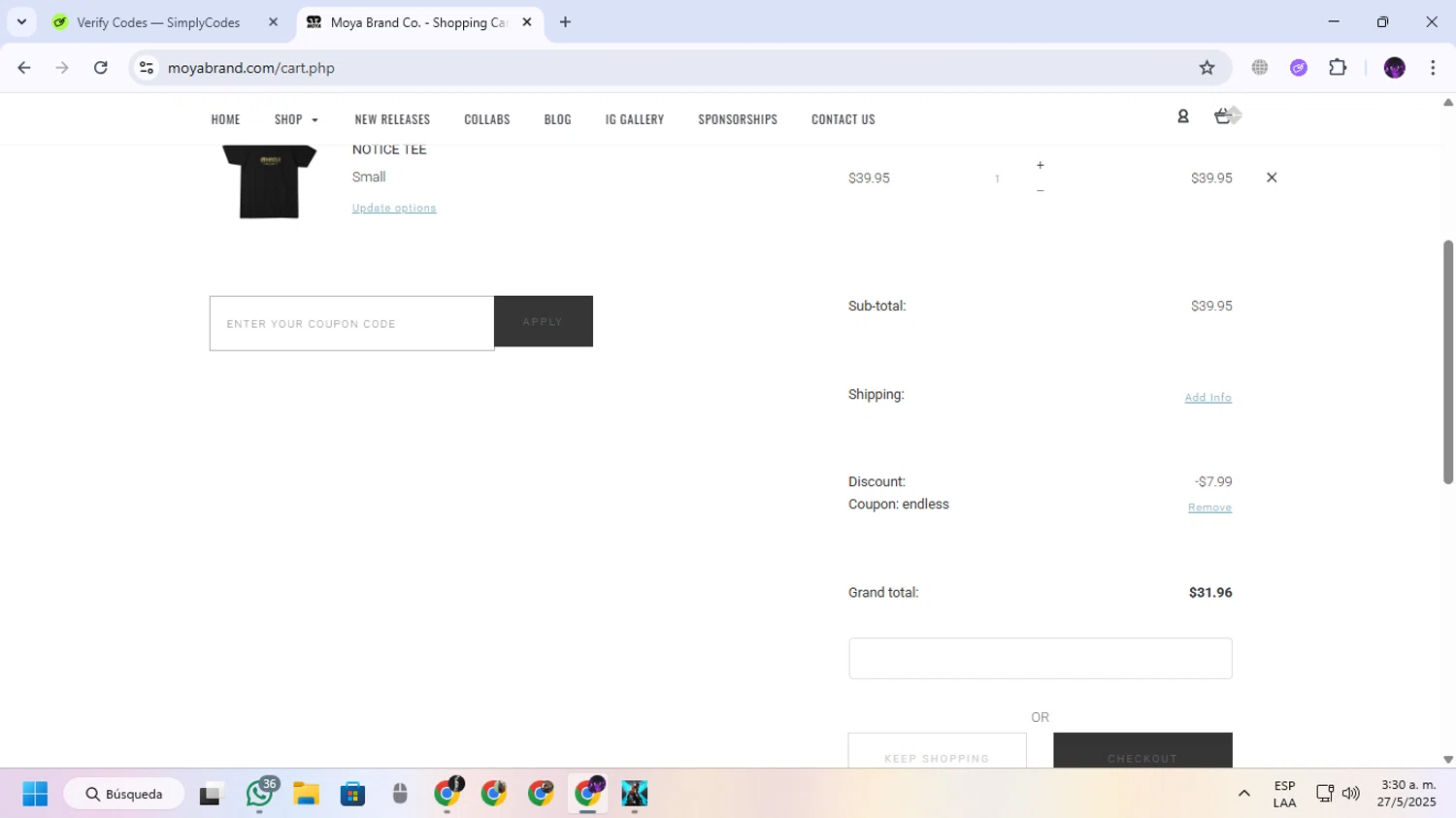 Moya Brand discount code screenshot showing code endless applied at Moya Brand checkout page. Uploaded by SimplyCodes community member GloriousGuardian9063 on May 27, 2025