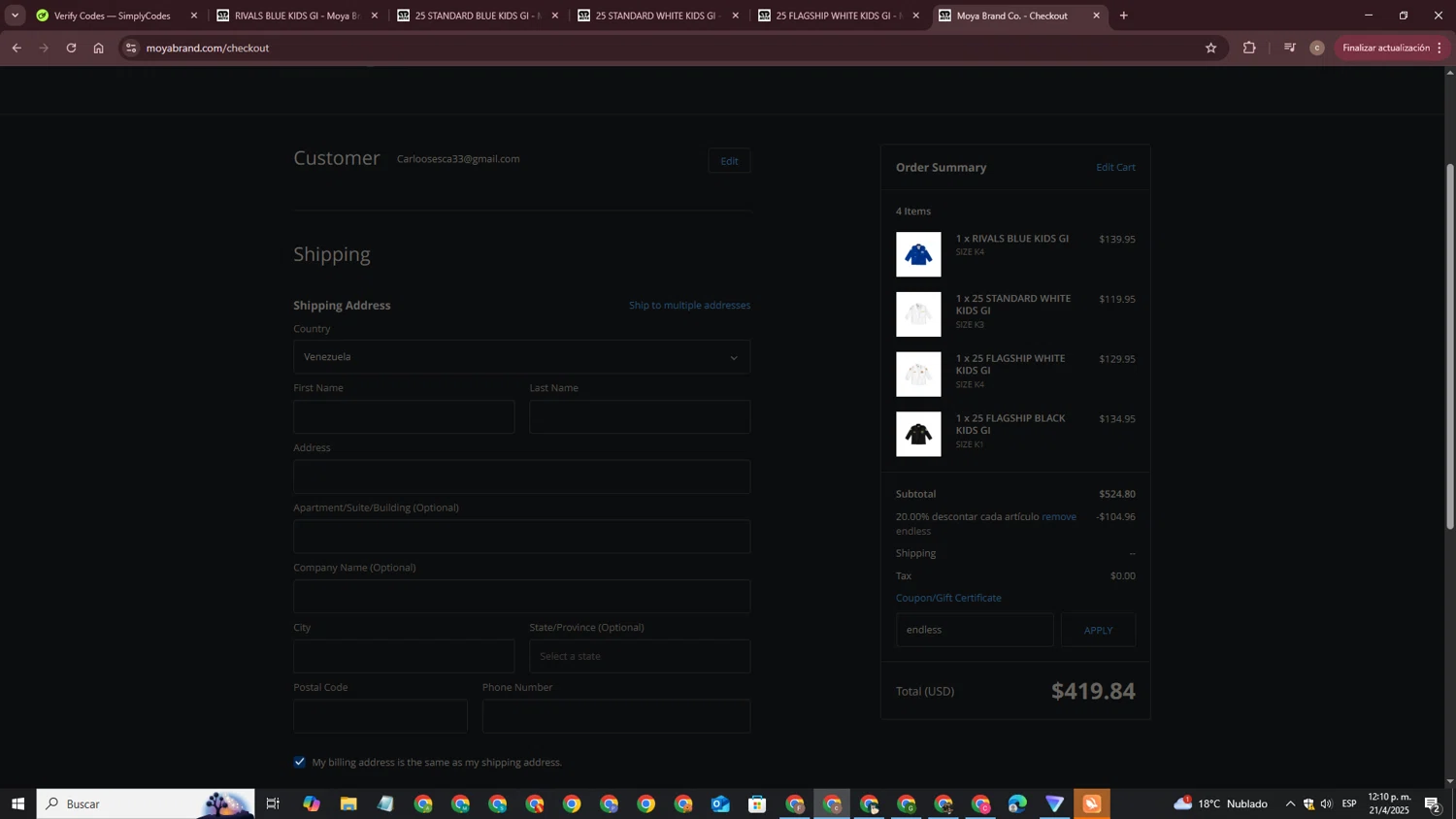 Moya Brand discount code screenshot showing code endless applied at Moya Brand checkout page. Uploaded by SimplyCodes community member CouponLynx4375 on Apr 21, 2025