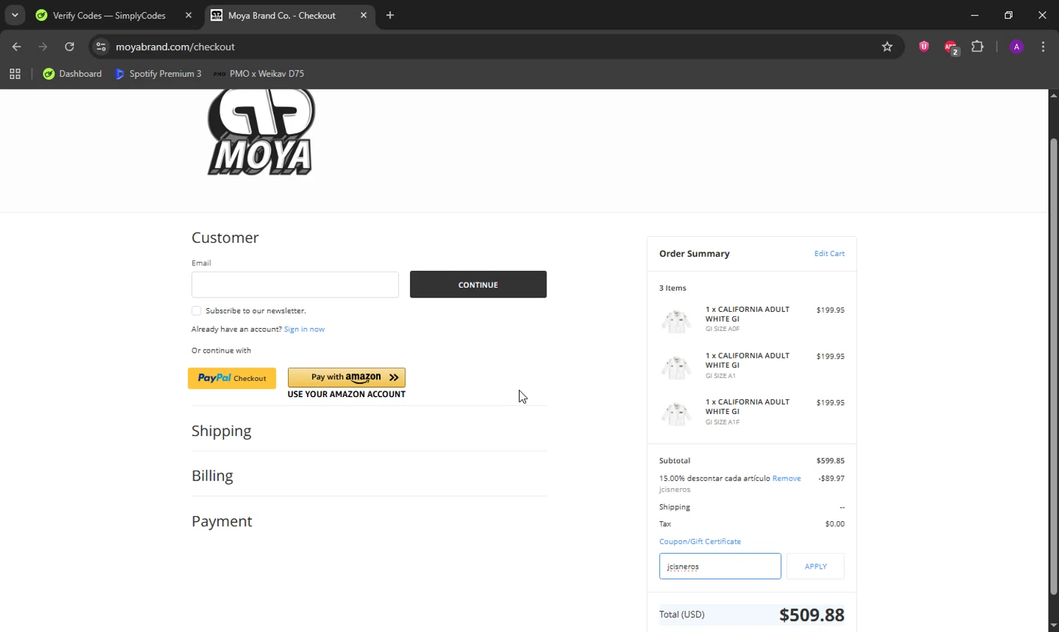Moya Brand discount code screenshot showing code jcisneros applied at Moya Brand checkout page. Uploaded by SimplyCodes community member DeathBone on Sep 15, 2025