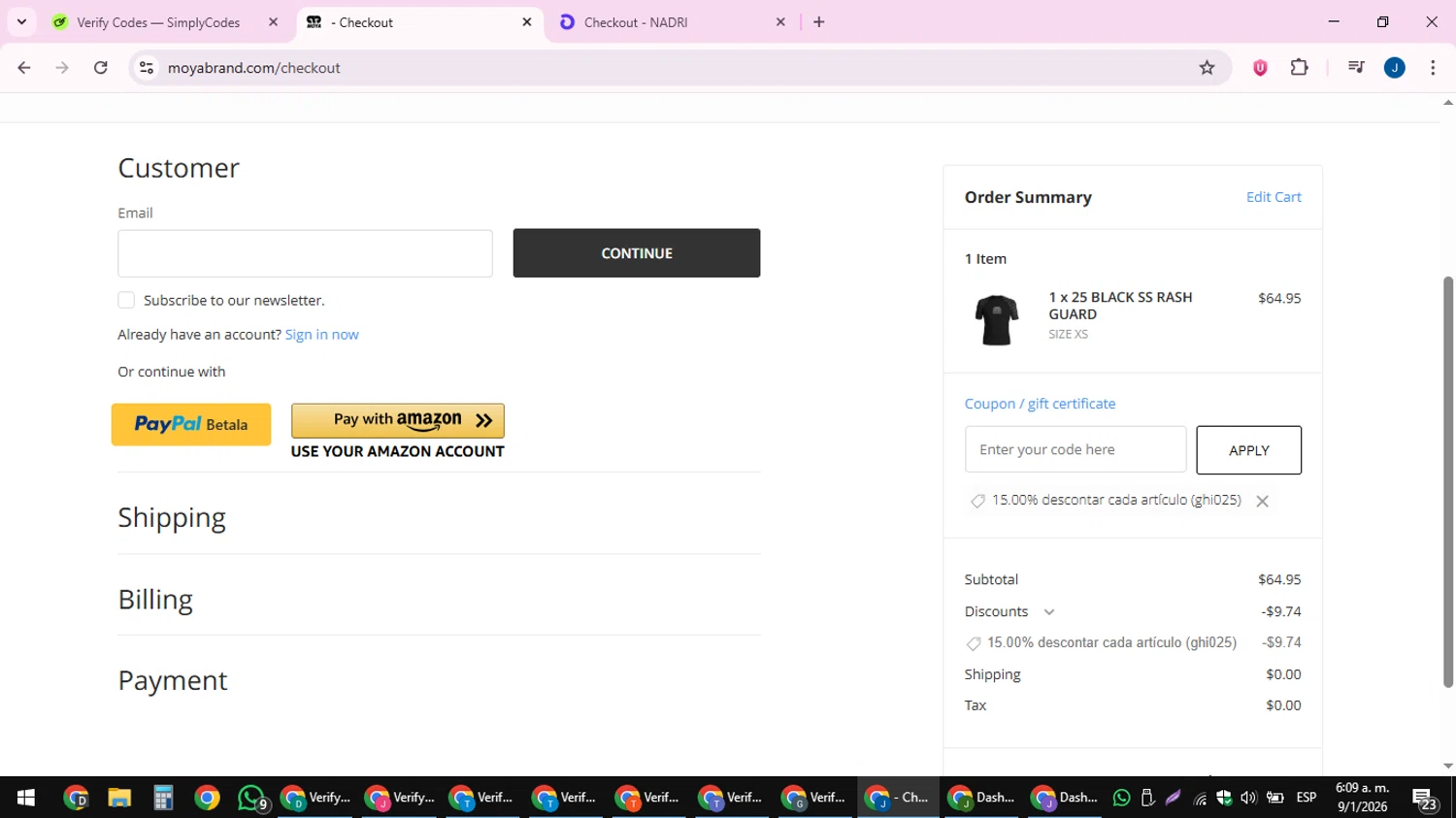 Moya Brand discount code screenshot showing code GHI025 applied at Moya Brand checkout page. Uploaded by SimplyCodes community member noesmith34ur on Jan 9, 2026