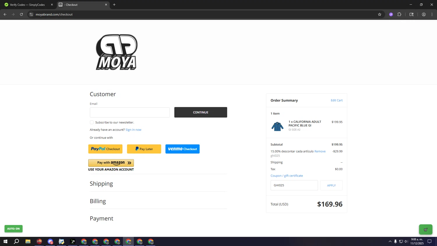 Moya Brand discount code screenshot showing code GHI025 applied at Moya Brand checkout page. Uploaded by SimplyCodes community member sssssssssssssssssss on Dec 11, 2025
