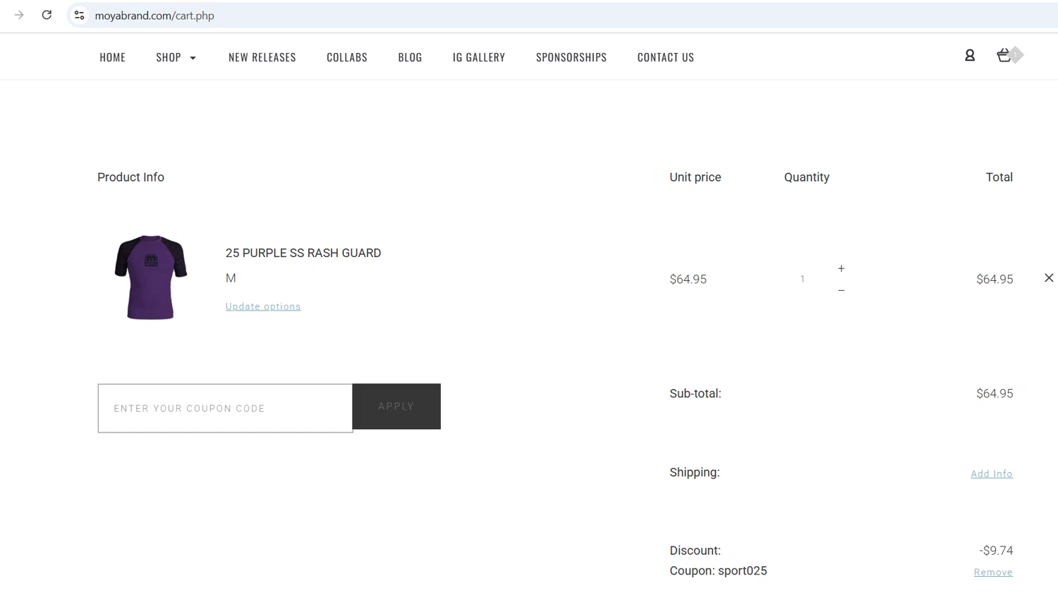 Moya Brand discount code screenshot showing code sport025 applied at Moya Brand checkout page. Uploaded by SimplyCodes community member vida5254427716958 on Nov 4, 2025