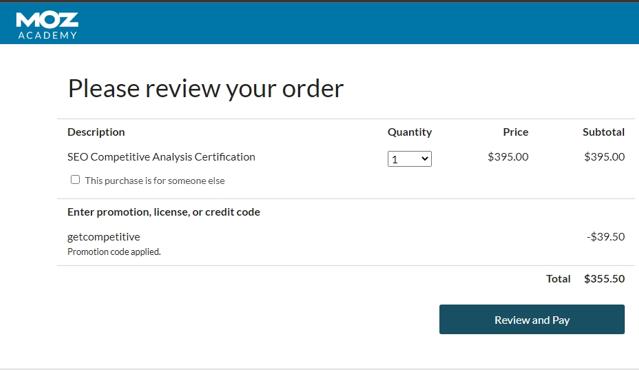 Moz SEO checkout page showing Moz SEO promo code box | Screenshot taken by SimplyCodes community member on May 9, 2023