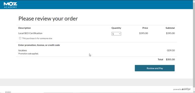 Moz SEO checkout page showing Moz SEO promo code box | Screenshot taken by SimplyCodes community member on Oct 16, 2023
