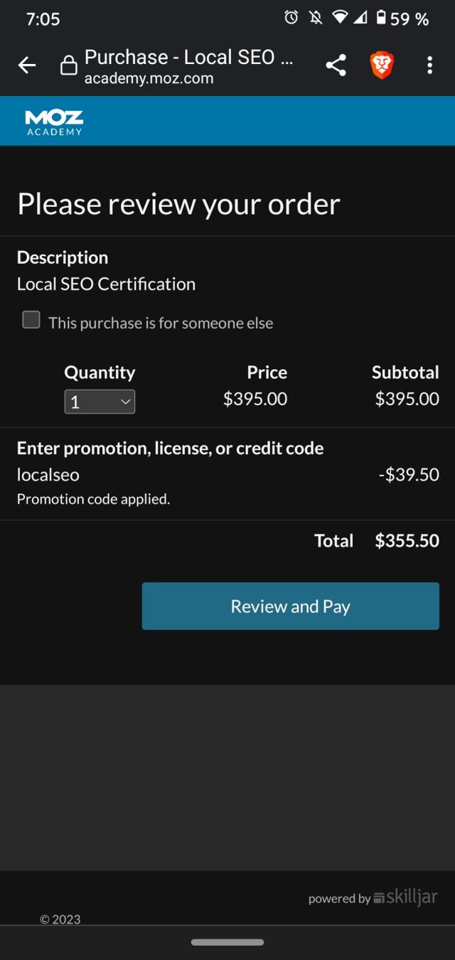 Moz SEO checkout page showing Moz SEO promo code box | Screenshot taken by SimplyCodes community member on Jan 31, 2023