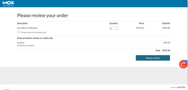 Moz SEO checkout page showing Moz SEO promo code box | Screenshot taken by SimplyCodes community member on Feb 26, 2024