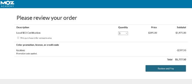 Moz SEO checkout page showing Moz SEO promo code box | Screenshot taken by SimplyCodes community member on Dec 4, 2022