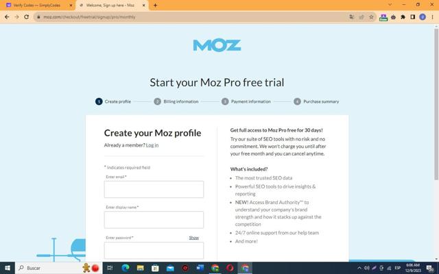 Moz SEO checkout page showing Moz SEO promo code box | Screenshot taken by SimplyCodes community member on Dec 9, 2023
