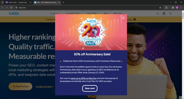 Moz SEO checkout page showing Moz SEO promo code box | Screenshot taken by SimplyCodes community member on Jan 30, 2024