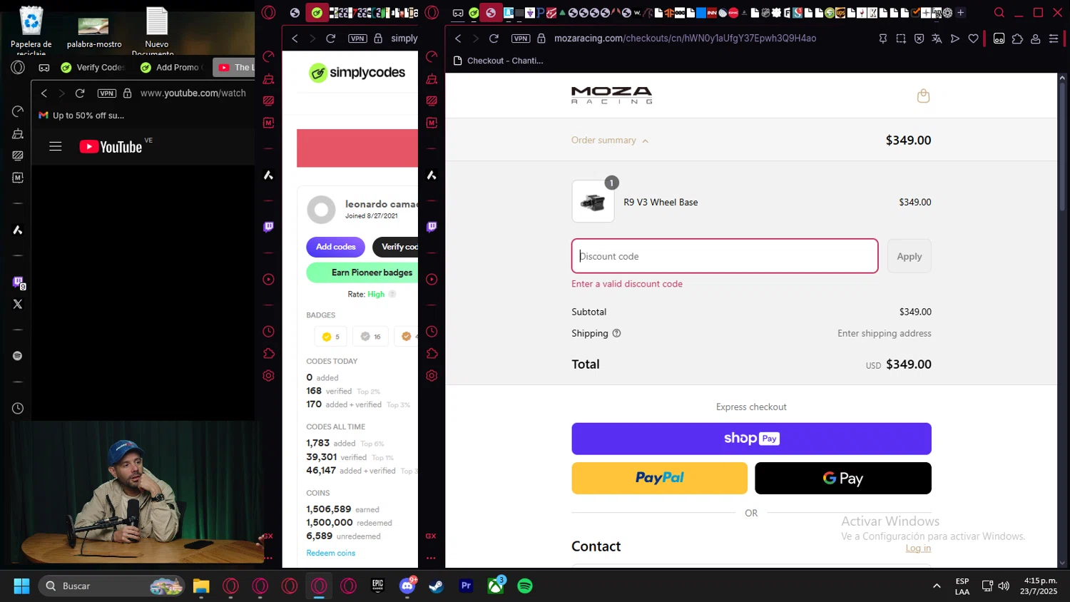 MOZA Racing coupon code screenshot showing code survey5 applied at MOZA Racing checkout page. Uploaded by SimplyCodes community member Halanweik on Jul 23, 2025