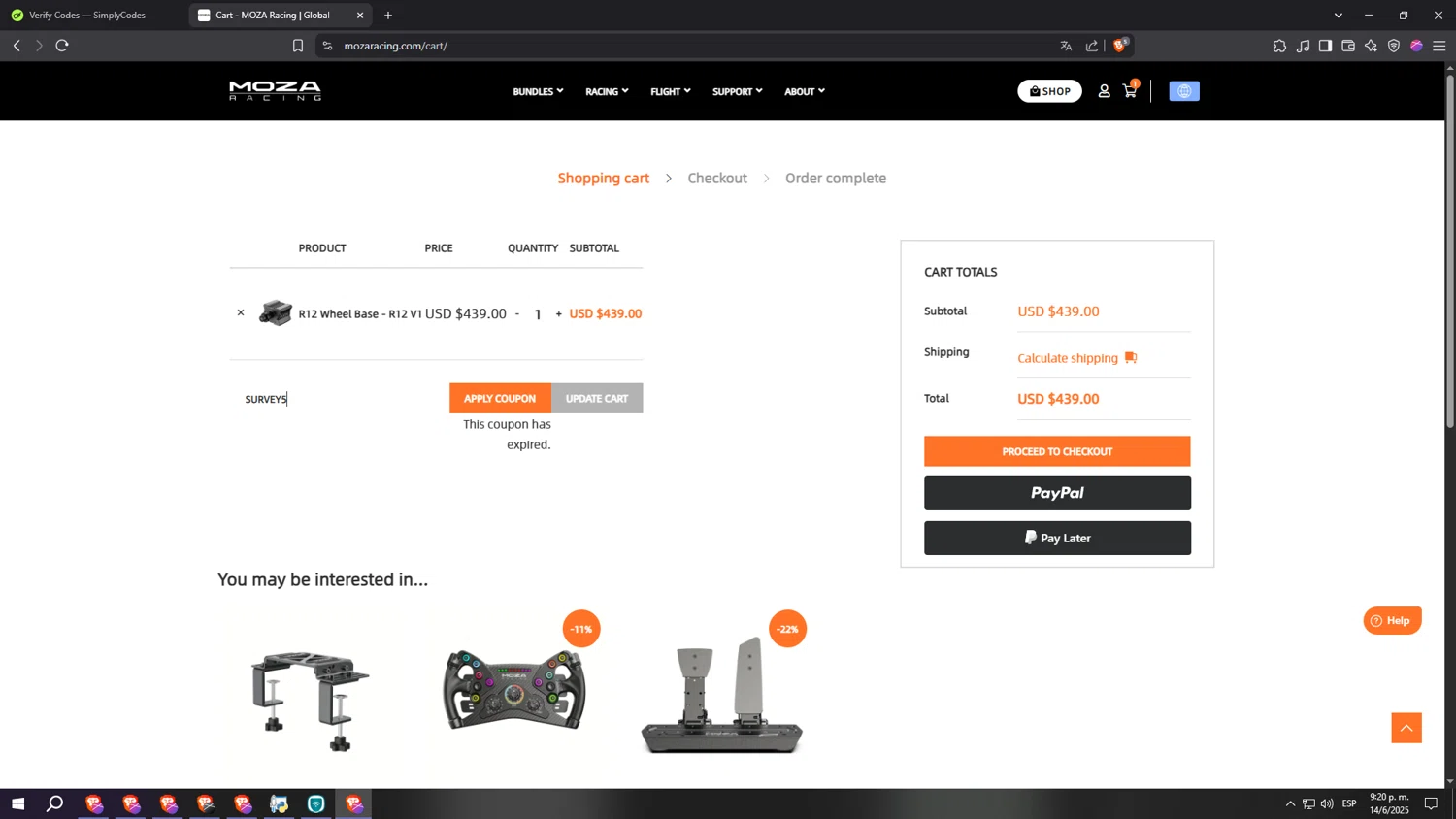 MOZA Racing coupon code screenshot showing code survey5 applied at MOZA Racing checkout page. Uploaded by SimplyCodes community member aaaaaaaaaaaaaaaa on Jun 15, 2025