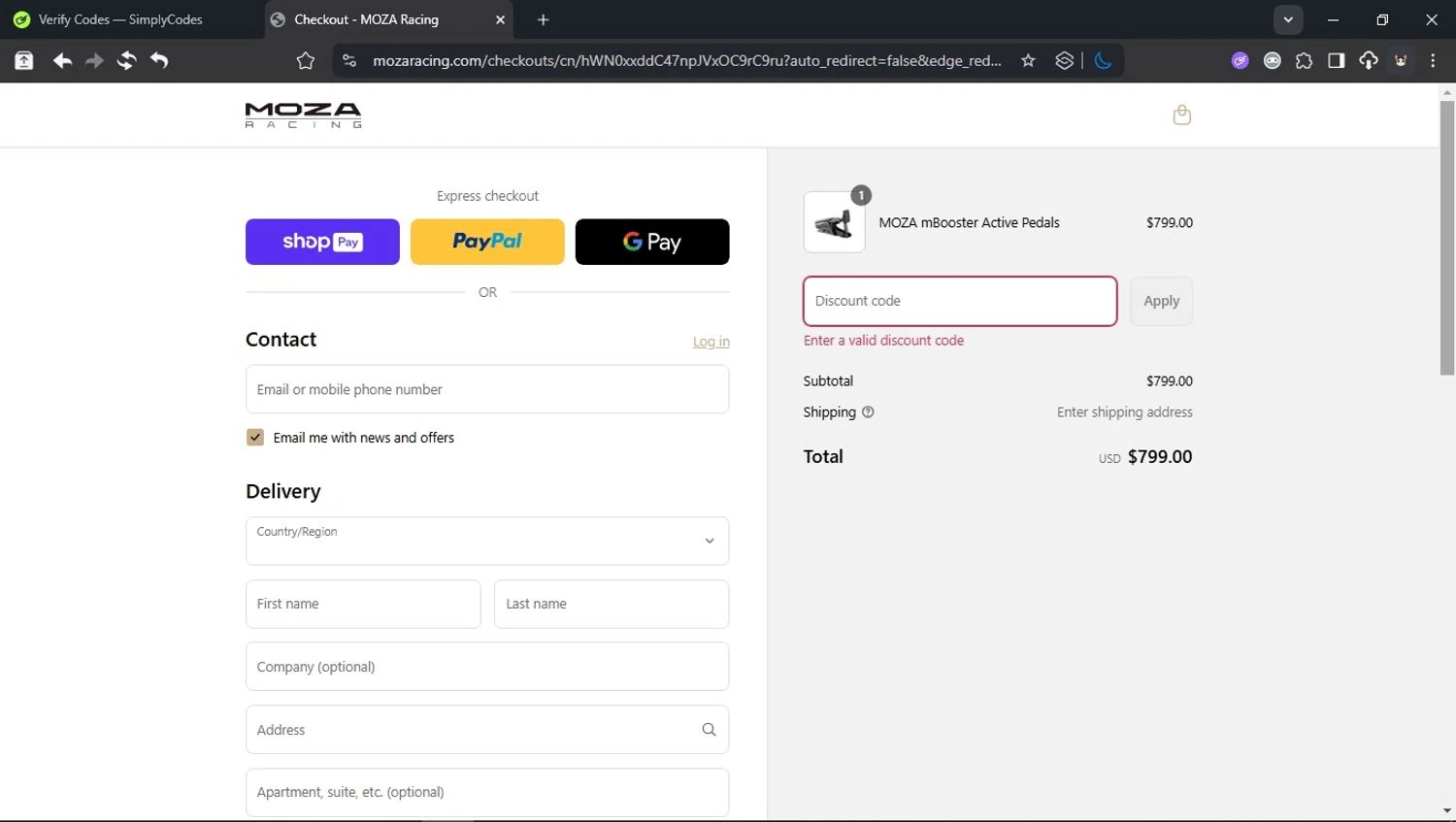 MOZA Racing coupon code screenshot showing code survey5 applied at MOZA Racing checkout page. Uploaded by SimplyCodes community member domain on Jul 23, 2025