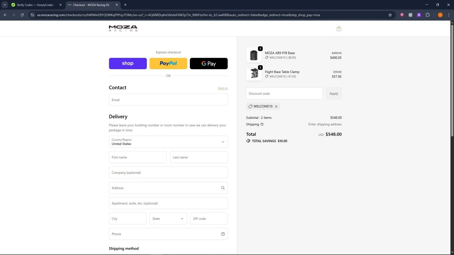 MOZA Racing coupon code screenshot showing code WELCOME10 applied at MOZA Racing checkout page. Uploaded by SimplyCodes community member ShrewdCaptain9911 on Dec 22, 2025