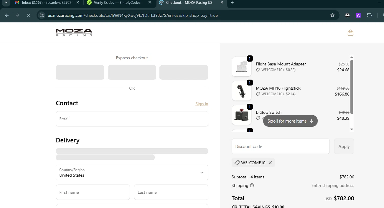 MOZA Racing coupon code screenshot showing code WELCOME10 applied at MOZA Racing checkout page. Uploaded by SimplyCodes community member VoucherHero6322 on Oct 20, 2025