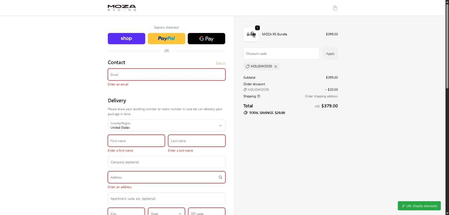 MOZA Racing coupon code screenshot showing code HOLIDAY2025 applied at MOZA Racing checkout page. Uploaded by SimplyCodes community member ExtraordinaryMaven3628 on Dec 9, 2025