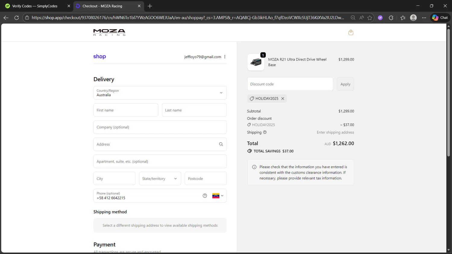 MOZA Racing coupon code screenshot showing code HOLIDAY2025 applied at MOZA Racing checkout page. Uploaded by SimplyCodes community member dragonjeffer_93a9 on Dec 16, 2025