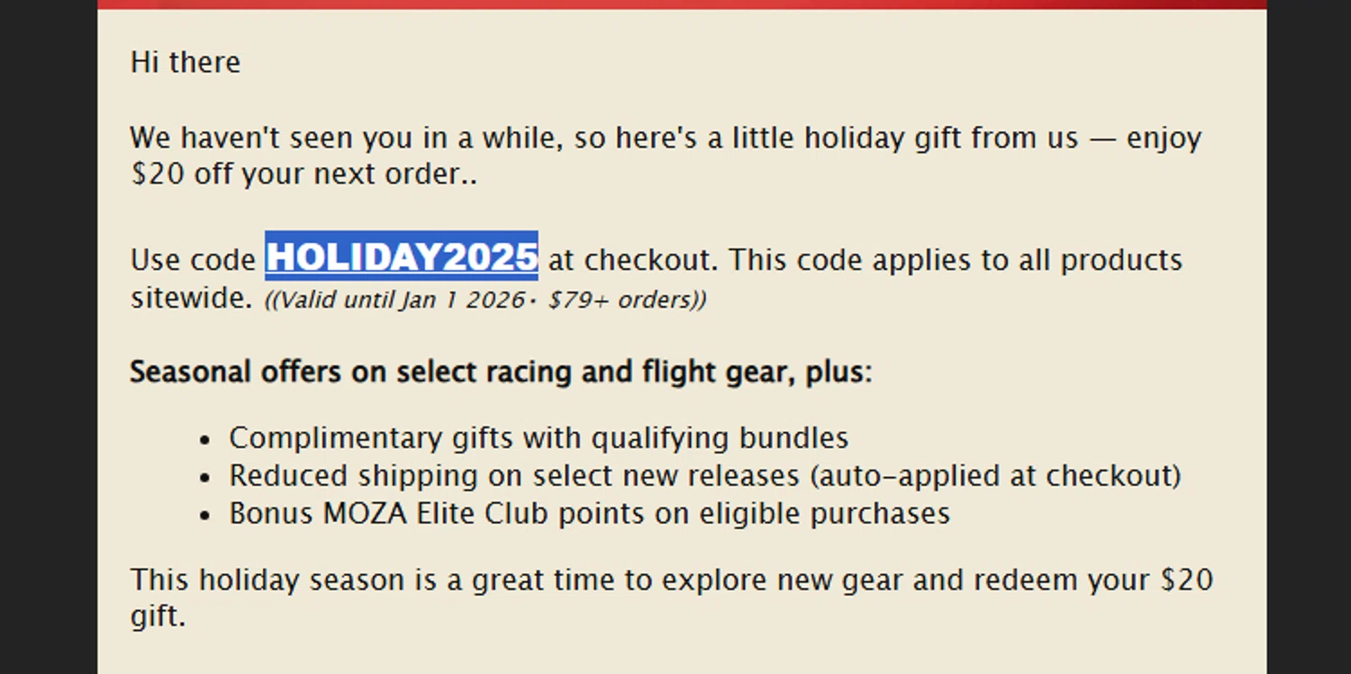 MOZA Racing coupon code screenshot showing code HOLIDAY2025 applied at MOZA Racing checkout page. Uploaded by SimplyCodes community member Biden0442069257555 on Dec 9, 2025