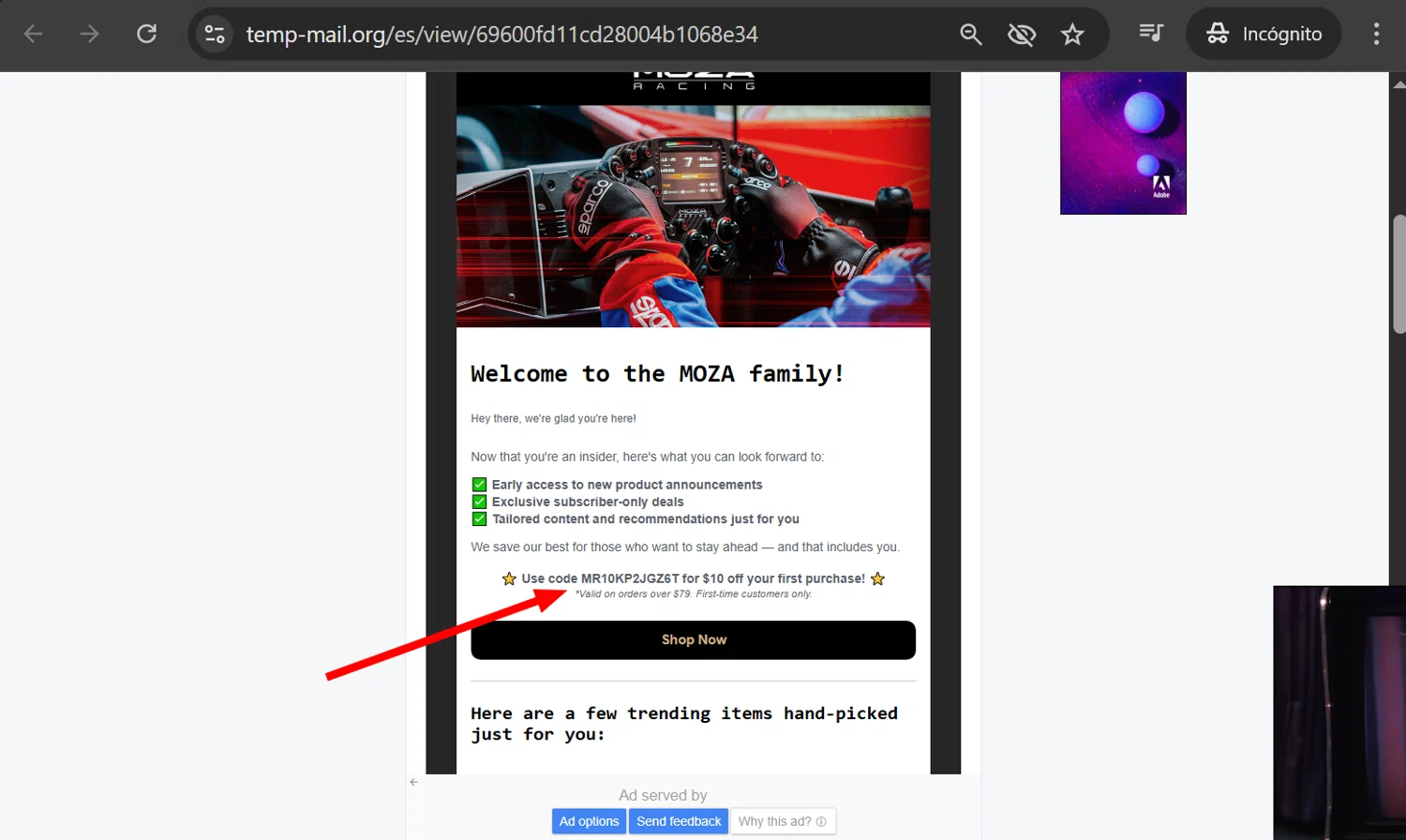MOZA Racing coupon code screenshot showing code MR10KP2JGZ6T applied at MOZA Racing checkout page. Uploaded by SimplyCodes community member anosesmith on Jan 8, 2026