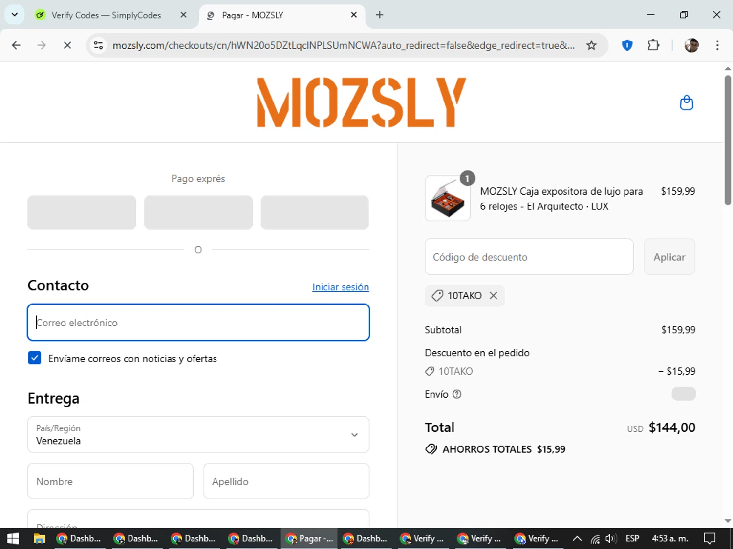 Mozsly discount code screenshot showing code 10TAKO applied at Mozsly checkout page. Uploaded by SimplyCodes community member DiscountSeeker682 on Aug 20, 2025