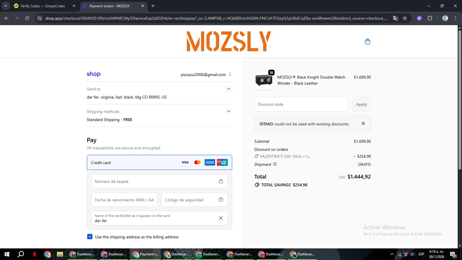 Mozsly discount code screenshot showing code 10TAKO applied at Mozsly checkout page. Uploaded by SimplyCodes community member ShrewdSeeker6165 on Jan 30, 2026